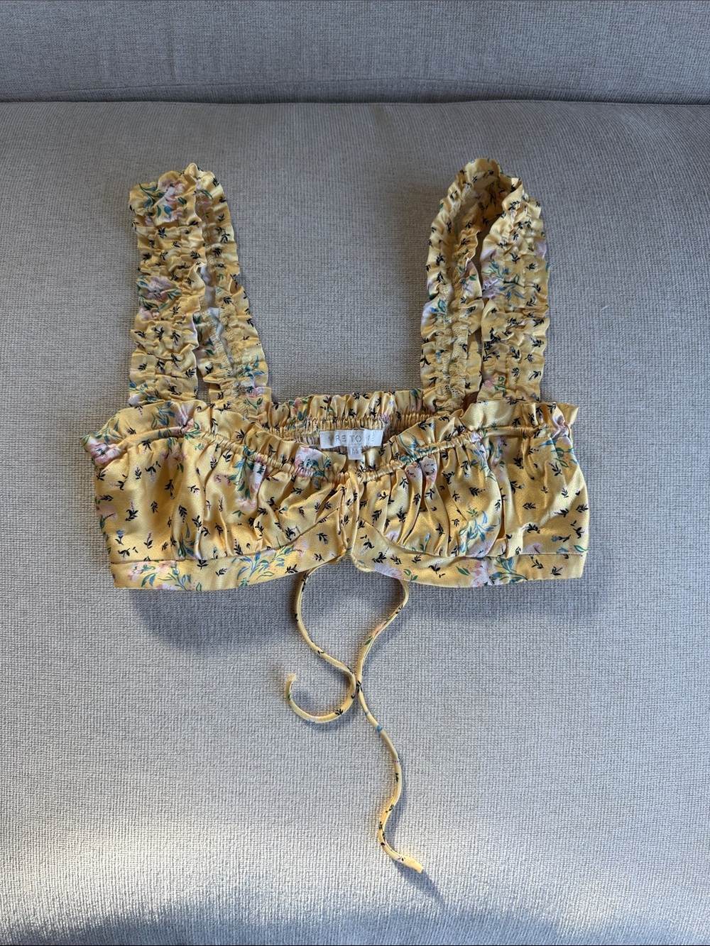 Yellow Floral Smocked Crop Top with Tie Front